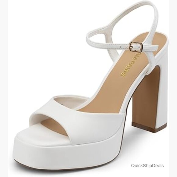 Shoes - Faux Leather Platform Heels with Ankle Strap, Square Toe Chunky Sandals